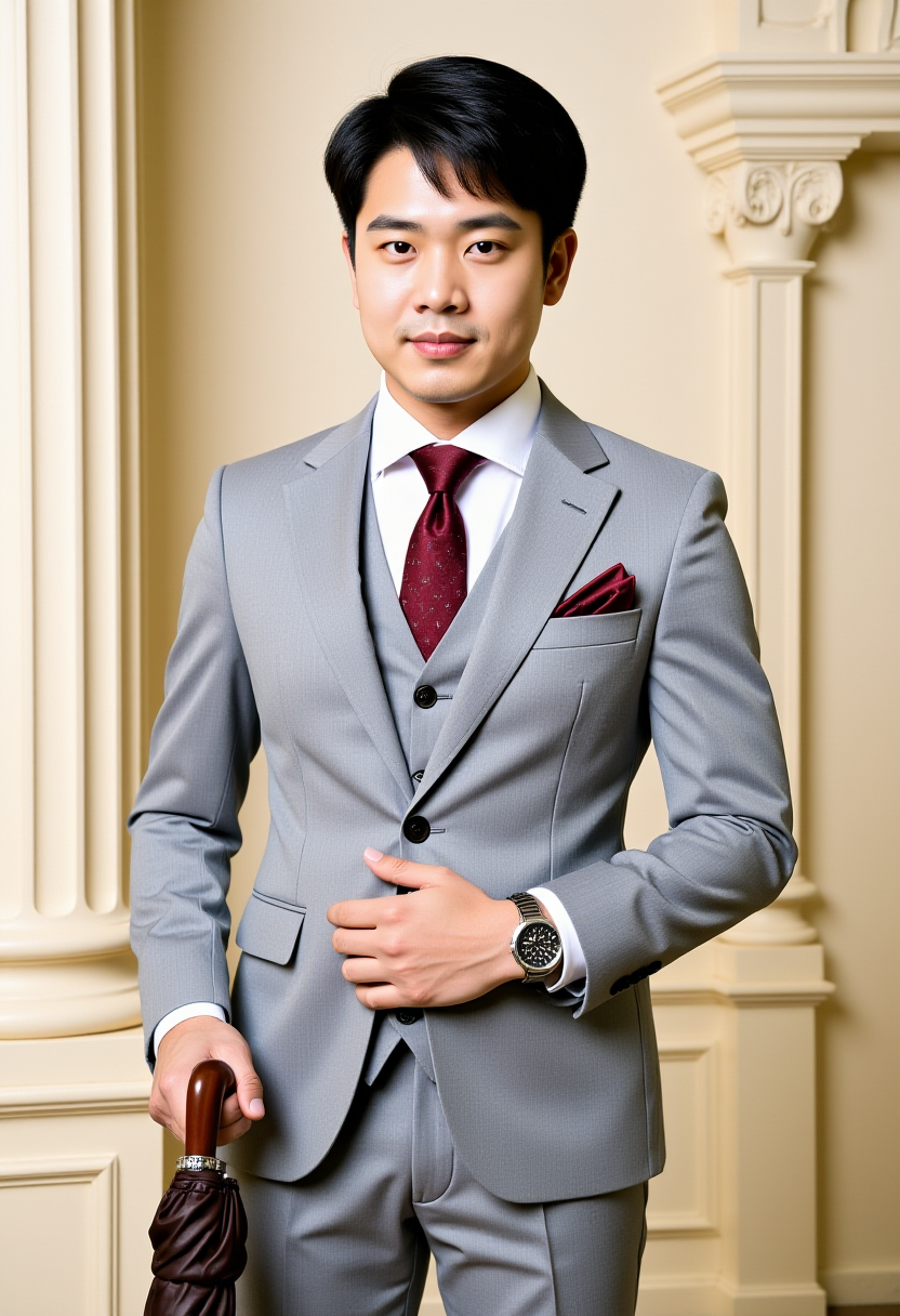 Create an AI video featuring an Asian gentleman in a suit for a showroom setting.